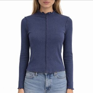 Pistola Ruffle Funnel Neck Sparkle Top Medium Navy